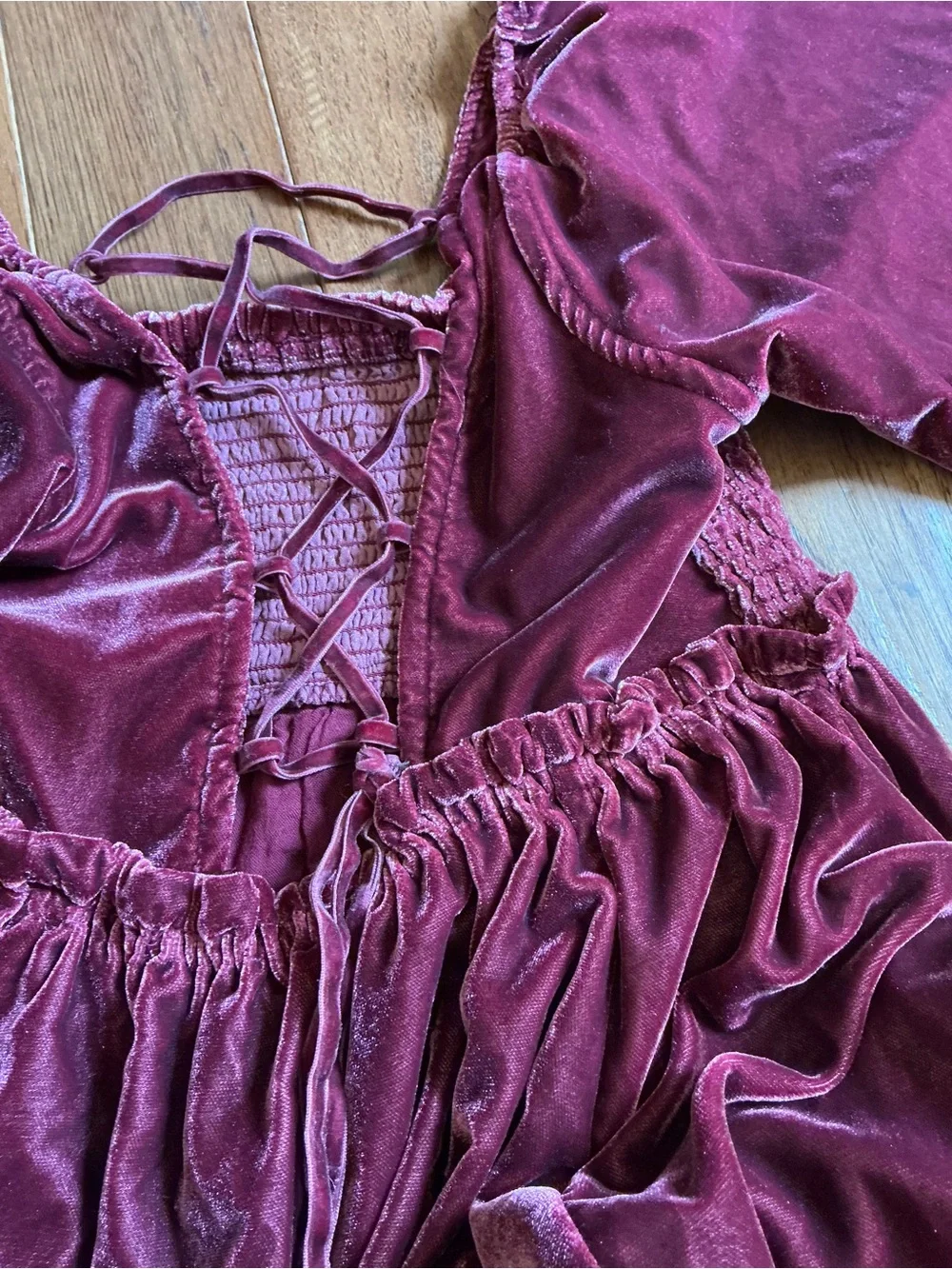 Free People Daphne‎ Velvet Mini Dress Open Lace-up Back, Deep Red, Maroon, Small